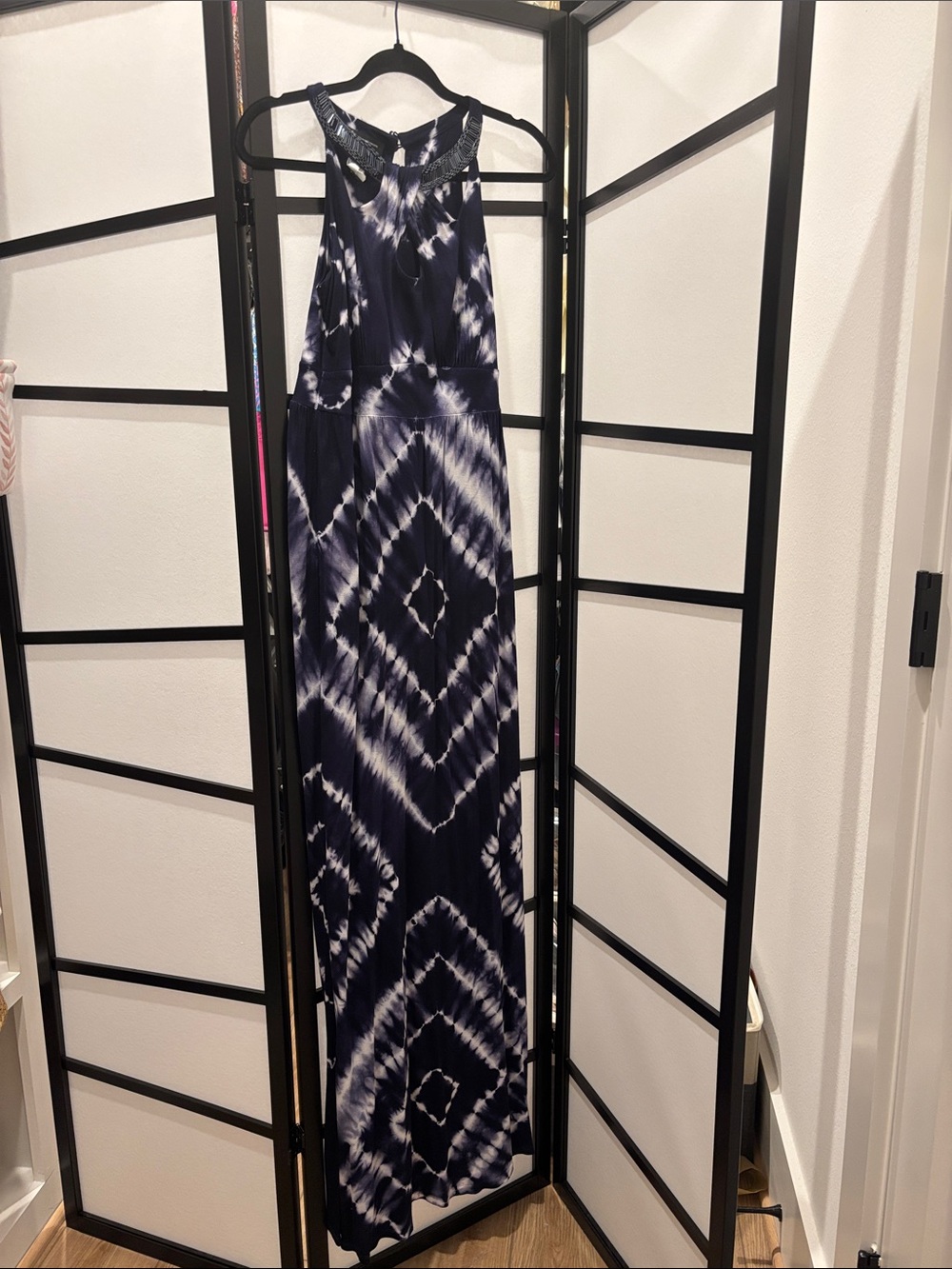 INC International Concepts Navy and White Tie-Dye Halter Maxi Dress